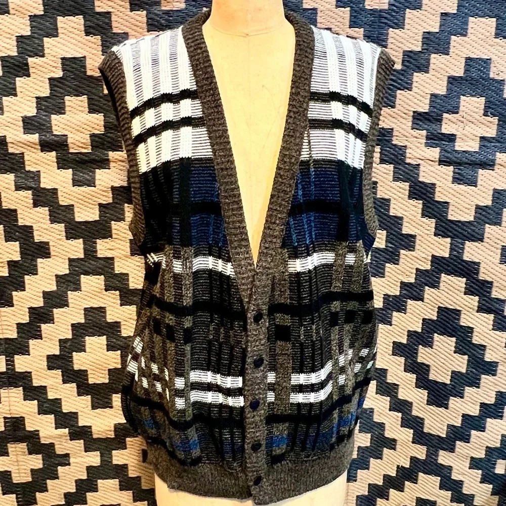 VINTAGE 80s plaid knit sweater vest button front cardigan earthy neutral grandpa